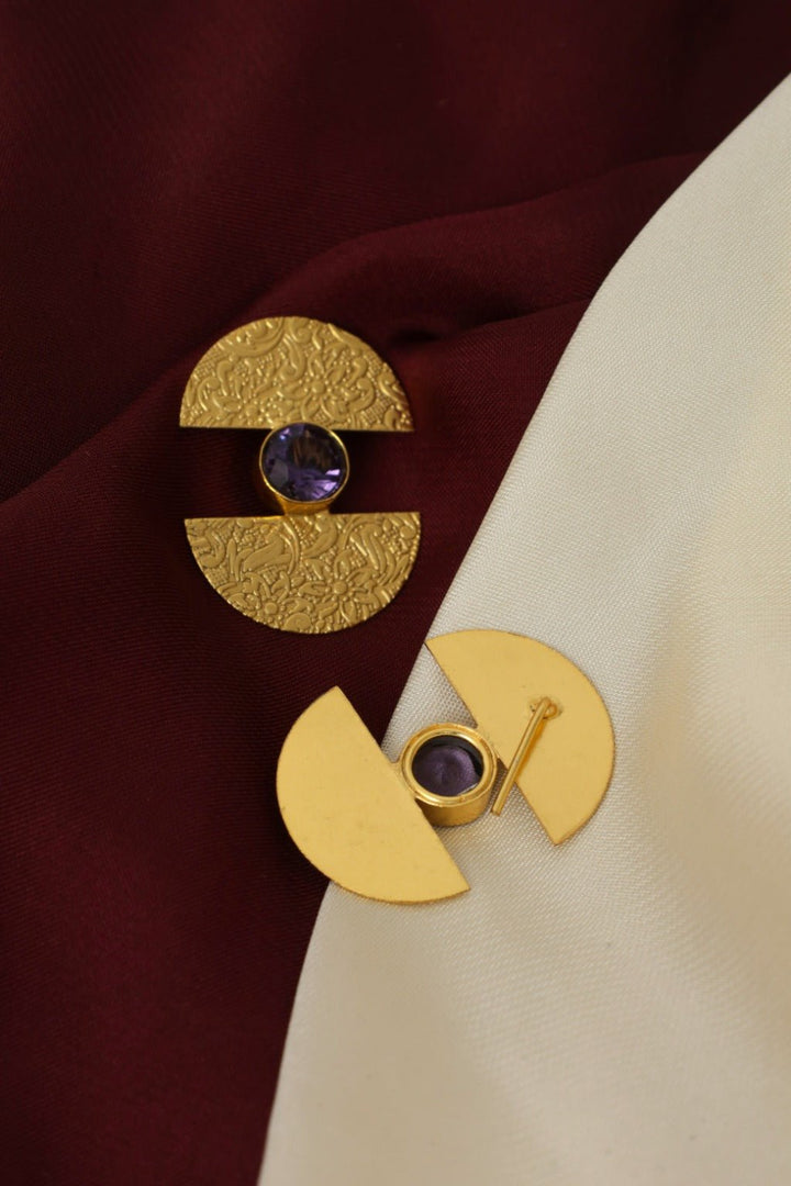 Gold Plated Amethyst Half - Moon Stud Earrings - Zehnaz.ae