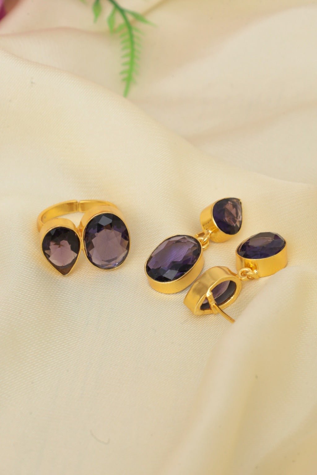 Gold - Plated Amethyst Jewelry Set – Cuff Bracelet, Ring & Drop Earrings - Zehnaz.ae