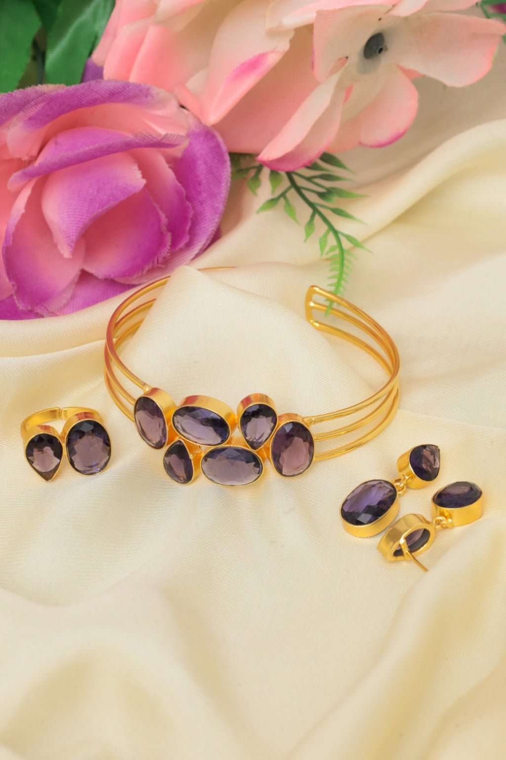 Gold - Plated Amethyst Jewelry Set – Cuff Bracelet, Ring & Drop Earrings - Zehnaz.ae