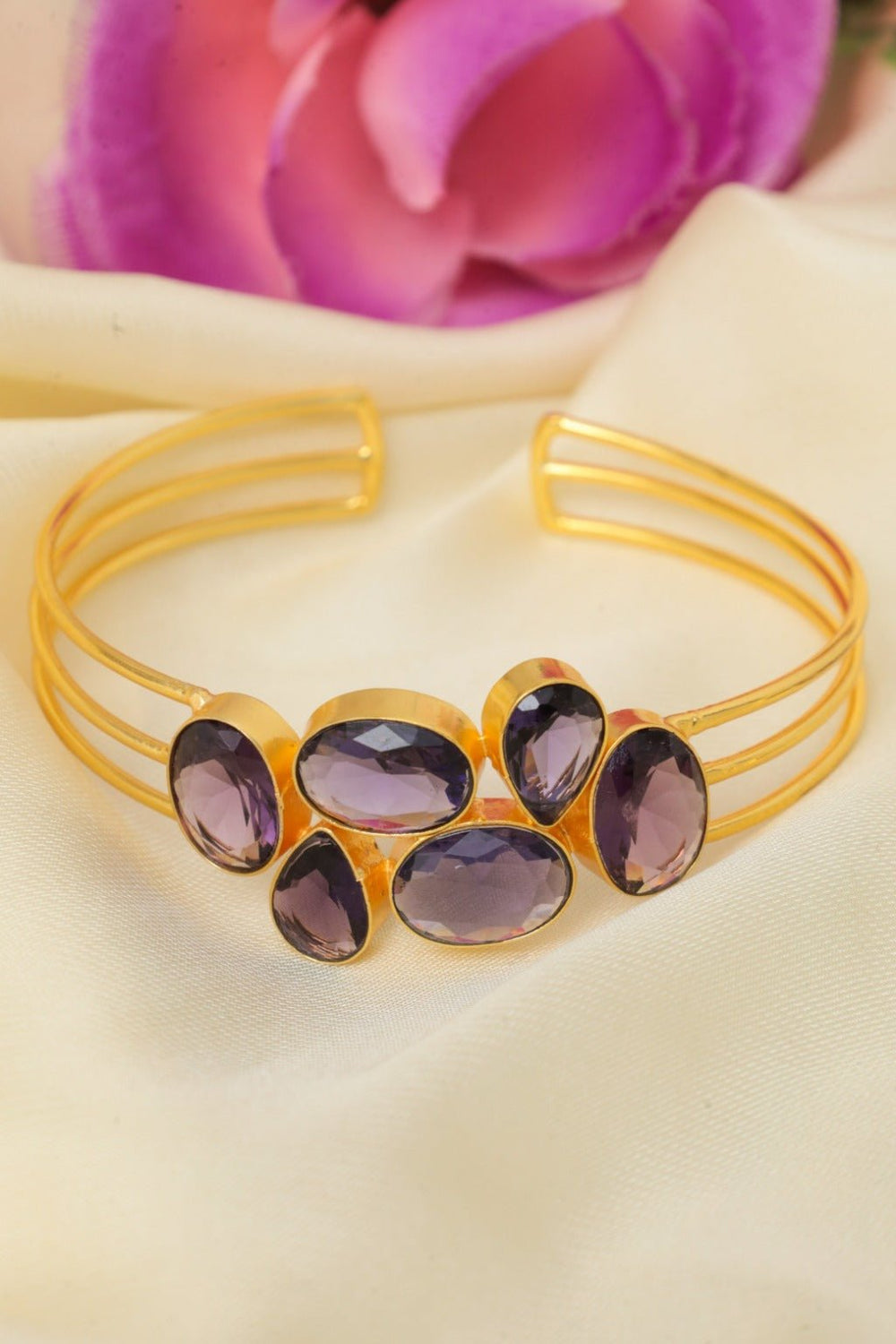 Gold - Plated Amethyst Jewelry Set – Cuff Bracelet, Ring & Drop Earrings - Zehnaz.ae