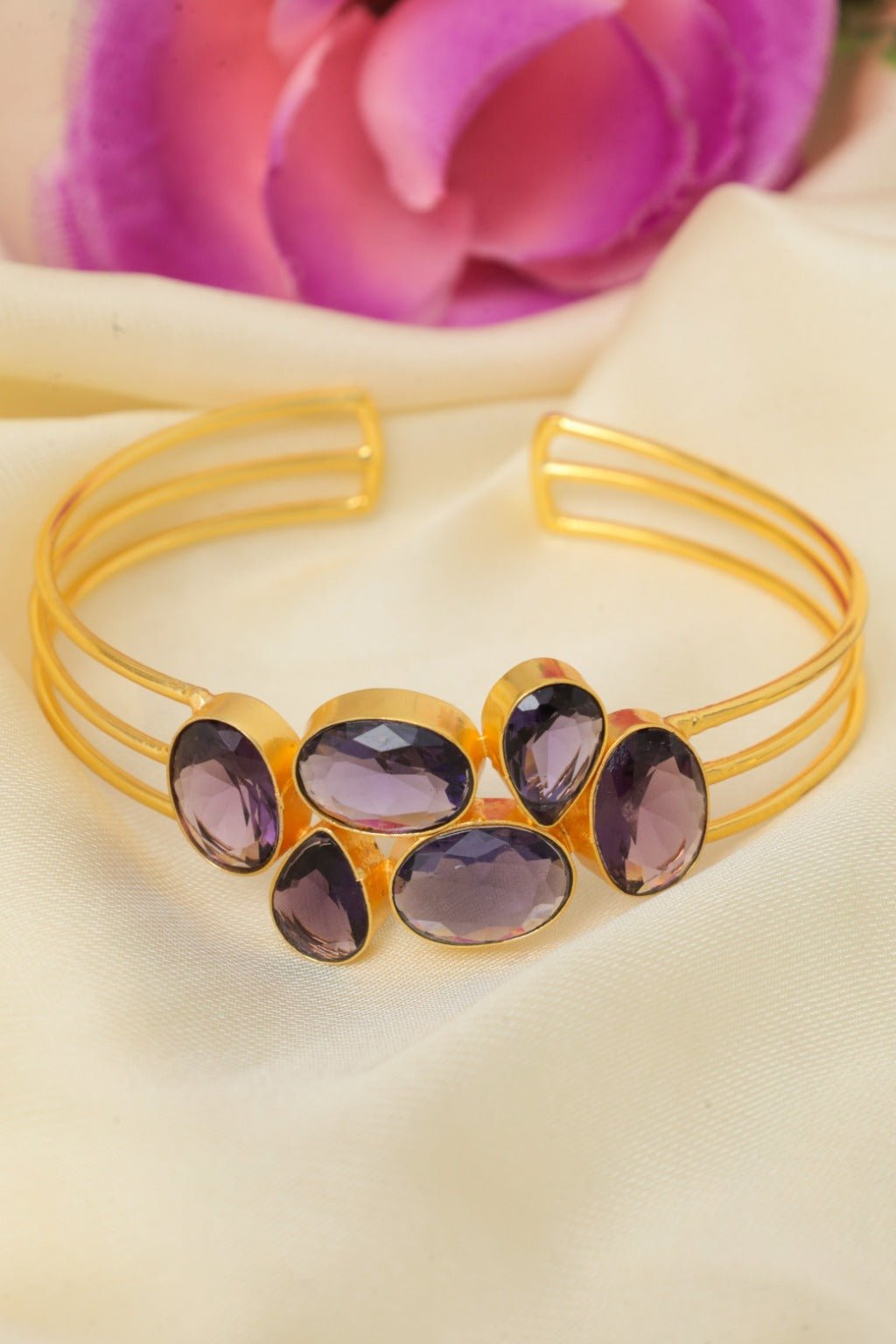 Gold - Plated Amethyst Jewelry Set – Cuff Bracelet, Ring & Drop Earrings - Zehnaz.ae