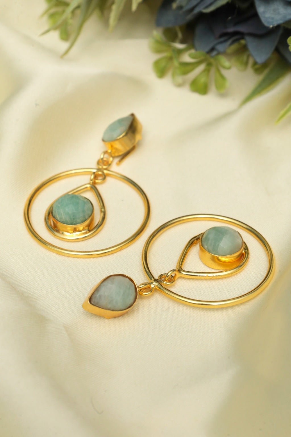 Gold Plated Aqua Teardrop Hoop Earrings - Zehnaz.ae