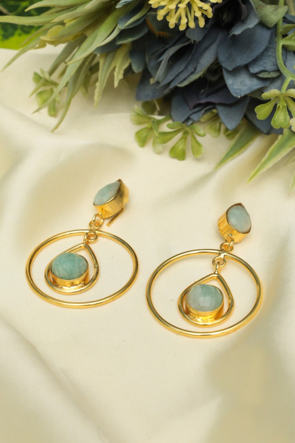 Gold Plated Aqua Teardrop Hoop Earrings - Zehnaz.ae