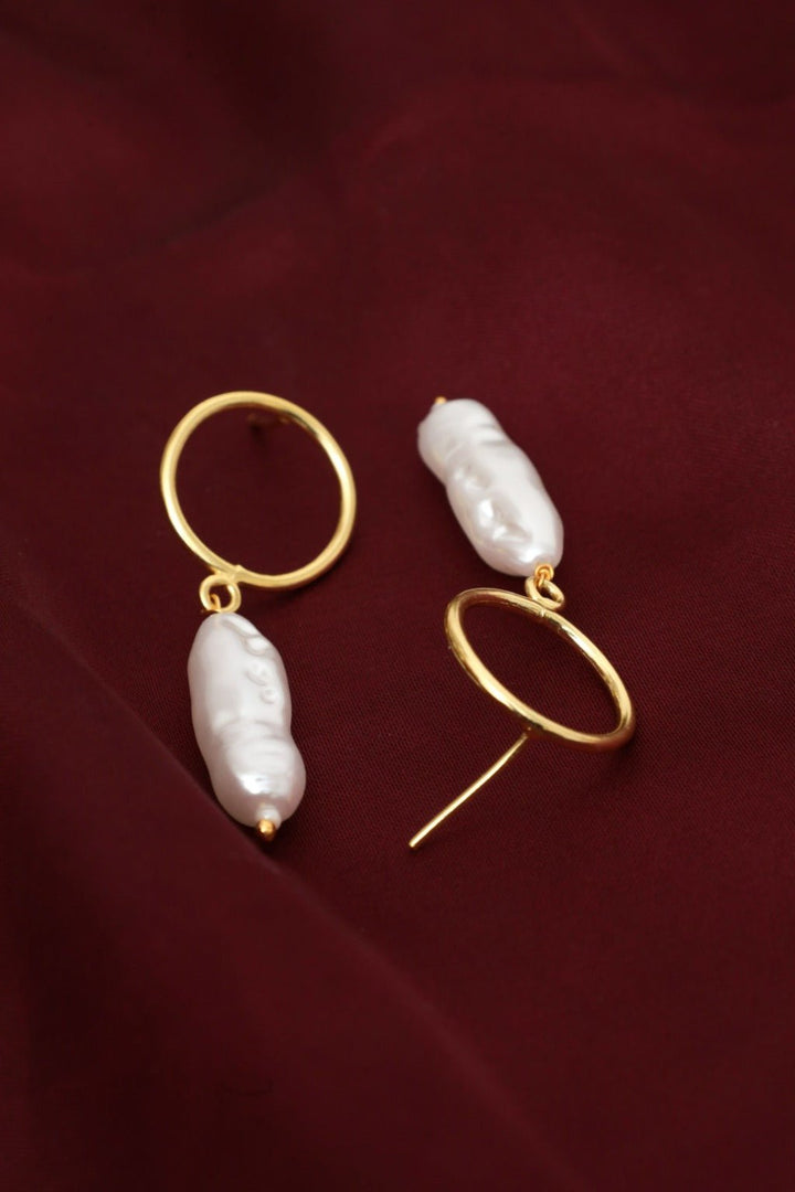 Gold Plated Baroque Pearl Hoop Earrings - Zehnaz.ae