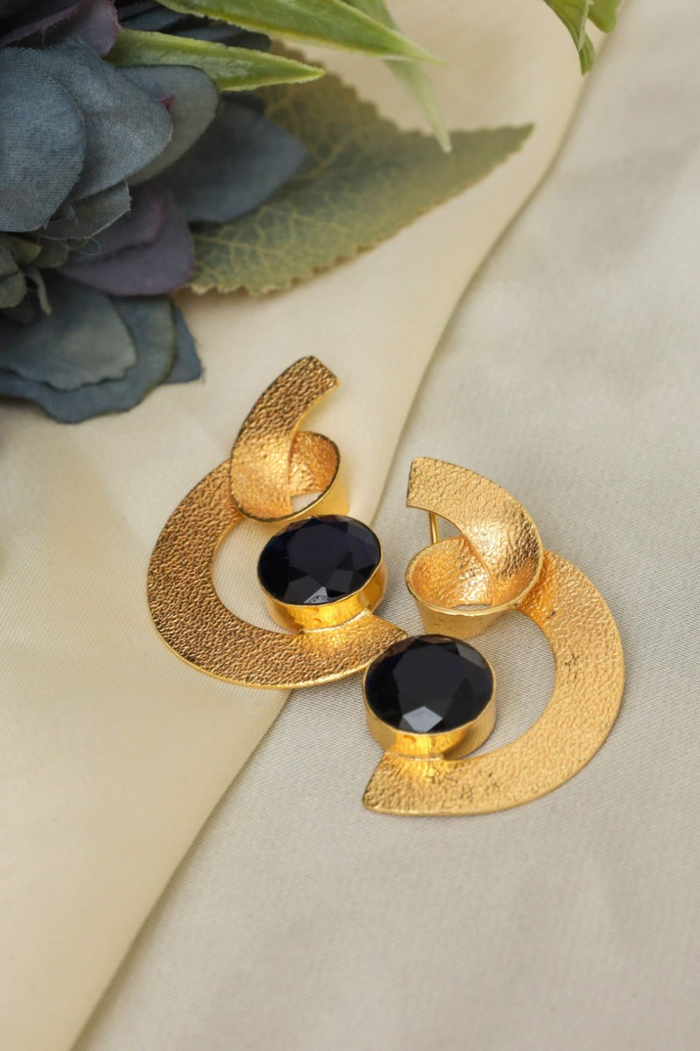 Gold Plated Black Onyx C - Shape Statement Earrings - Zehnaz.ae