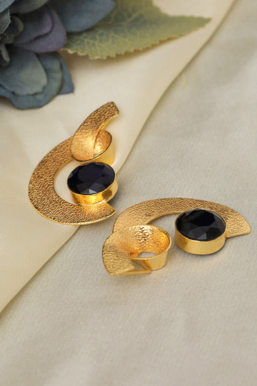 Gold Plated Black Onyx C-Shape Statement Earrings
