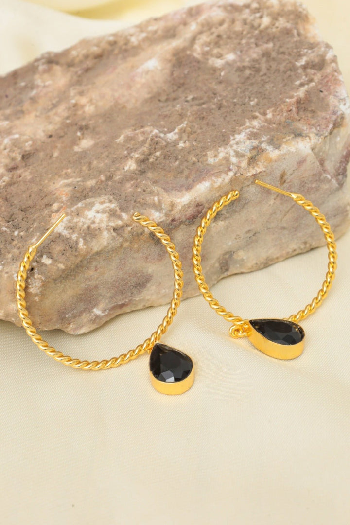 Gold Plated Black Teardrop Hoop Earrings - Zehnaz.ae