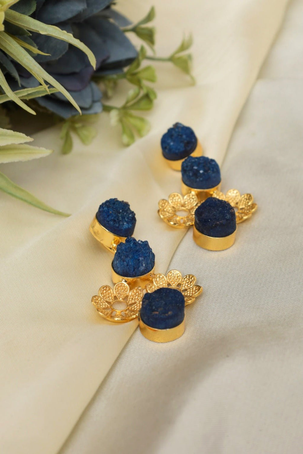Gold Plated Blue Druzy Floral Back Stud Earrings - Zehnaz.ae