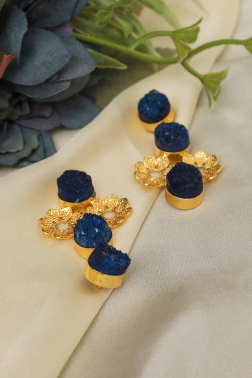 Gold Plated Blue Druzy Floral Back Stud Earrings