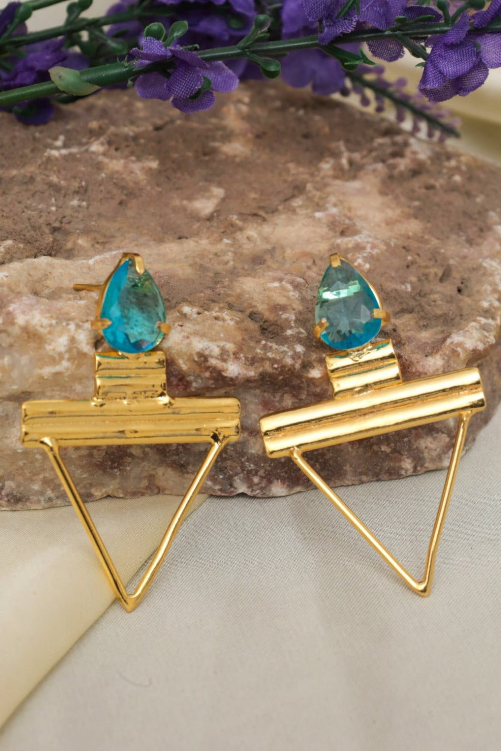 Gold Plated Blue Geometric Drop Earrings - Zehnaz.ae