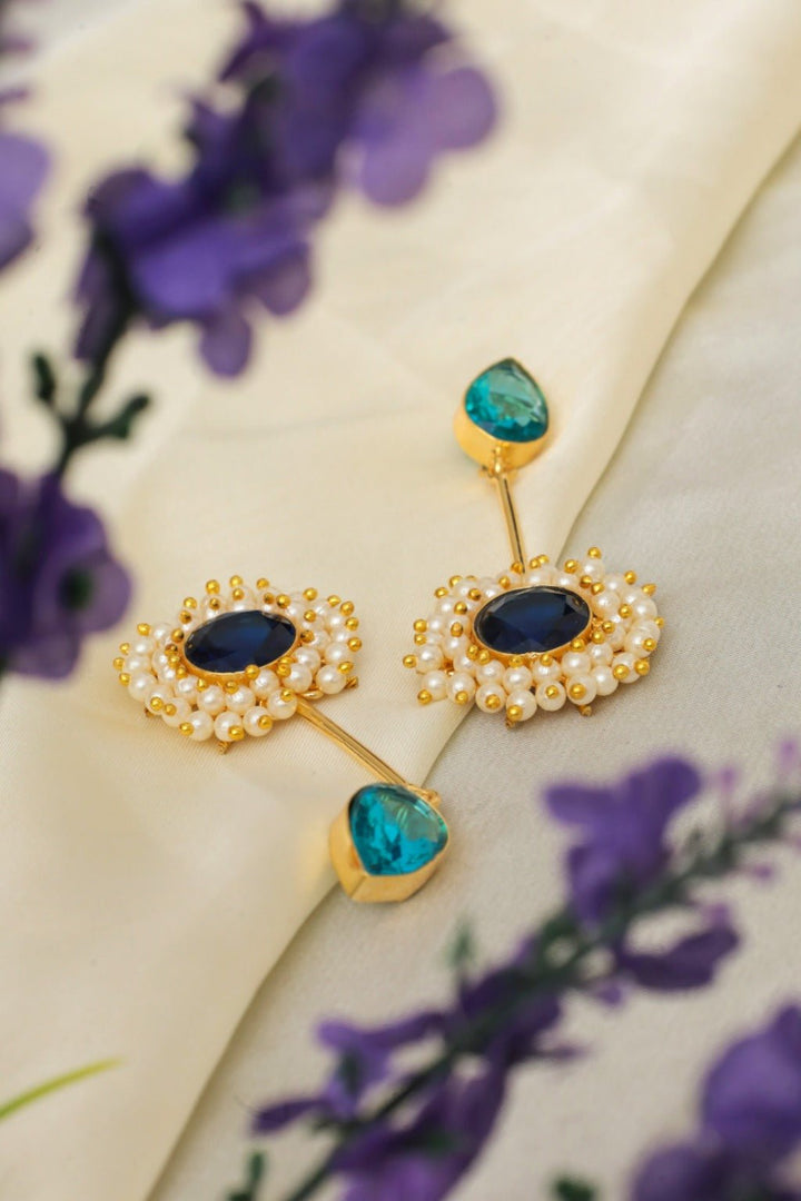 Gold Plated Blue Pearl Cluster Drop Earrings - Zehnaz.ae