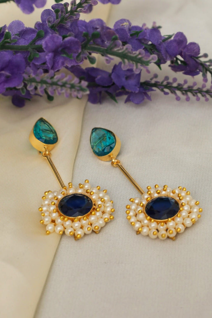 Gold Plated Blue Pearl Cluster Drop Earrings - Zehnaz.ae