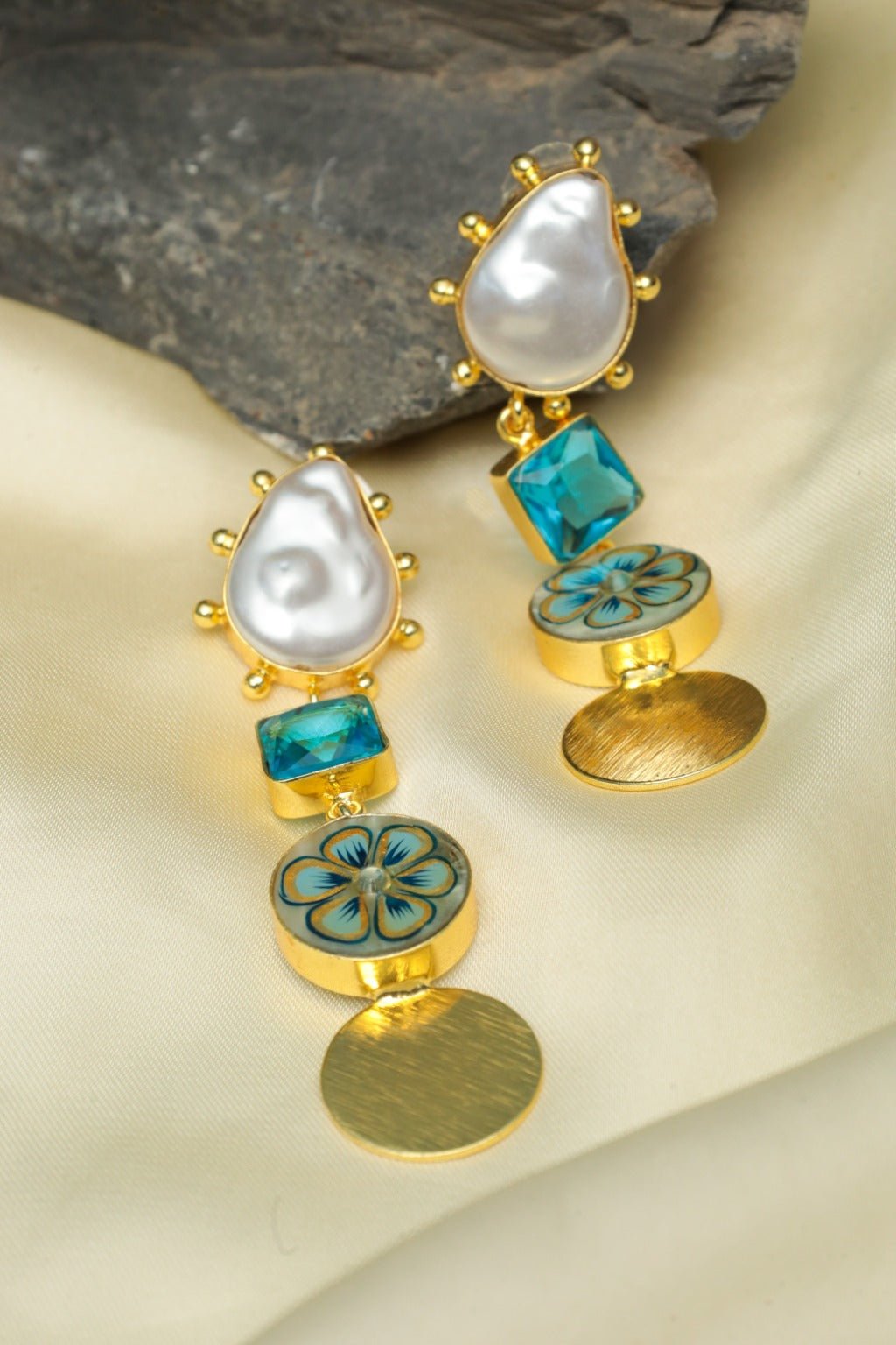 Gold Plated Blue Pearl Drop Statement Earrings - Zehnaz.ae