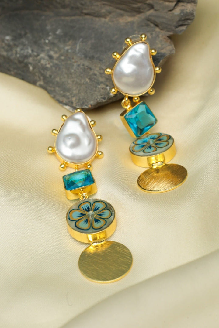 Gold Plated Blue Pearl Drop Statement Earrings - Zehnaz.ae