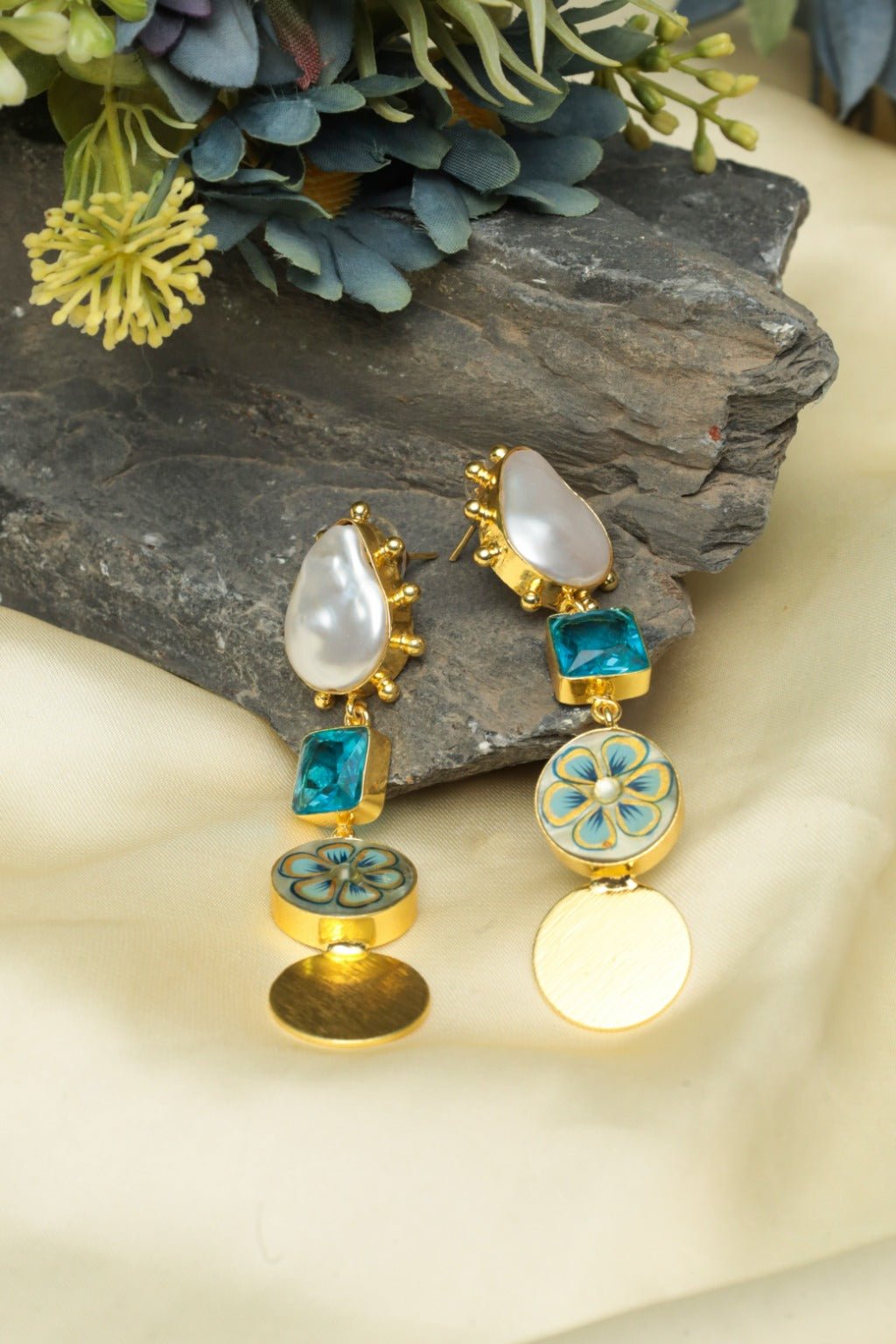 Gold Plated Blue Pearl Drop Statement Earrings - Zehnaz.ae