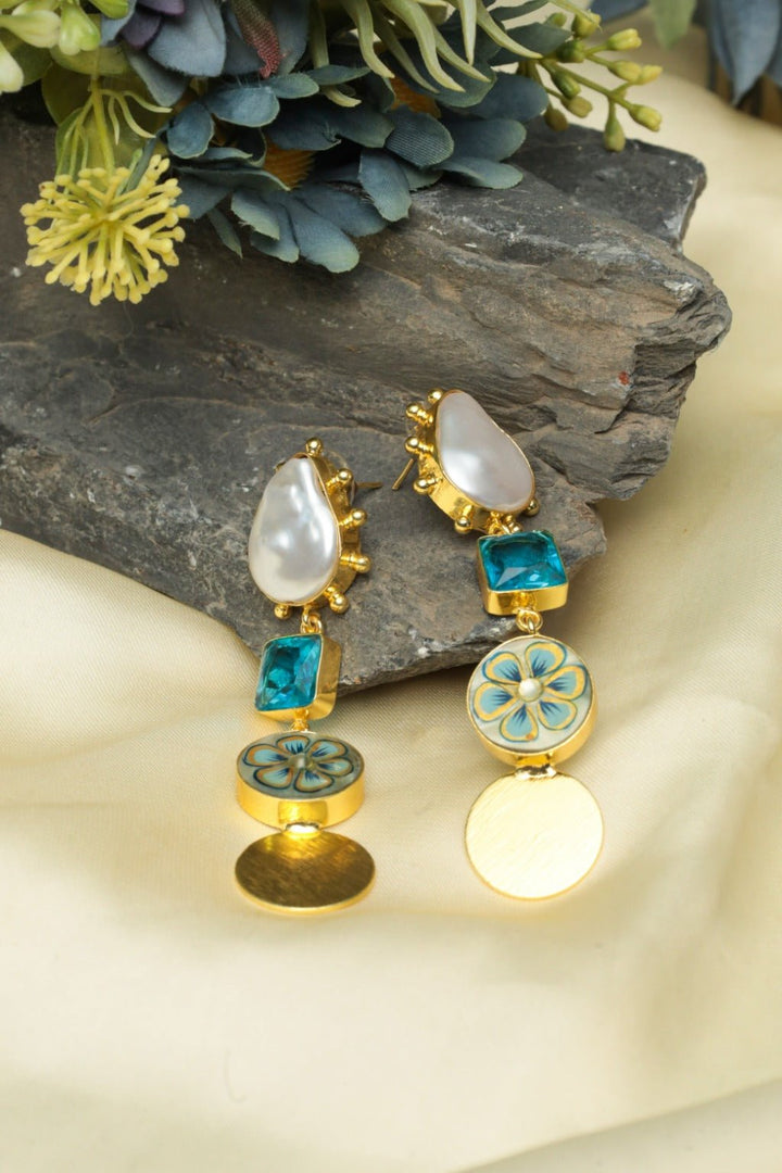 Gold Plated Blue Pearl Drop Statement Earrings - Zehnaz.ae