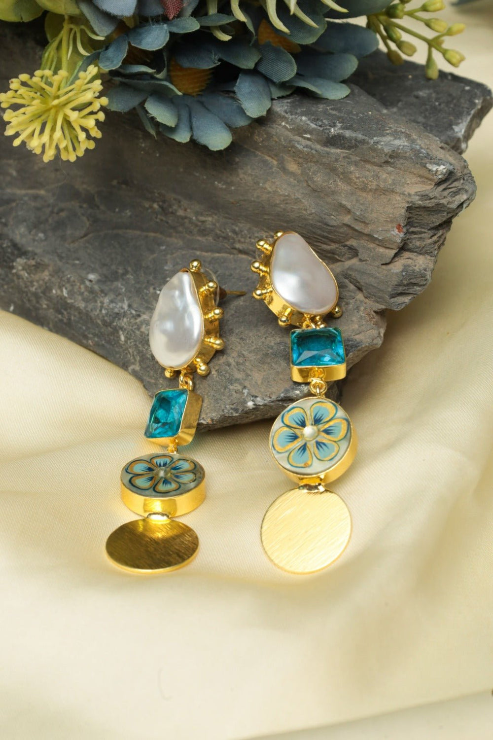 Gold Plated Blue Pearl Drop Statement Earrings - Zehnaz.ae