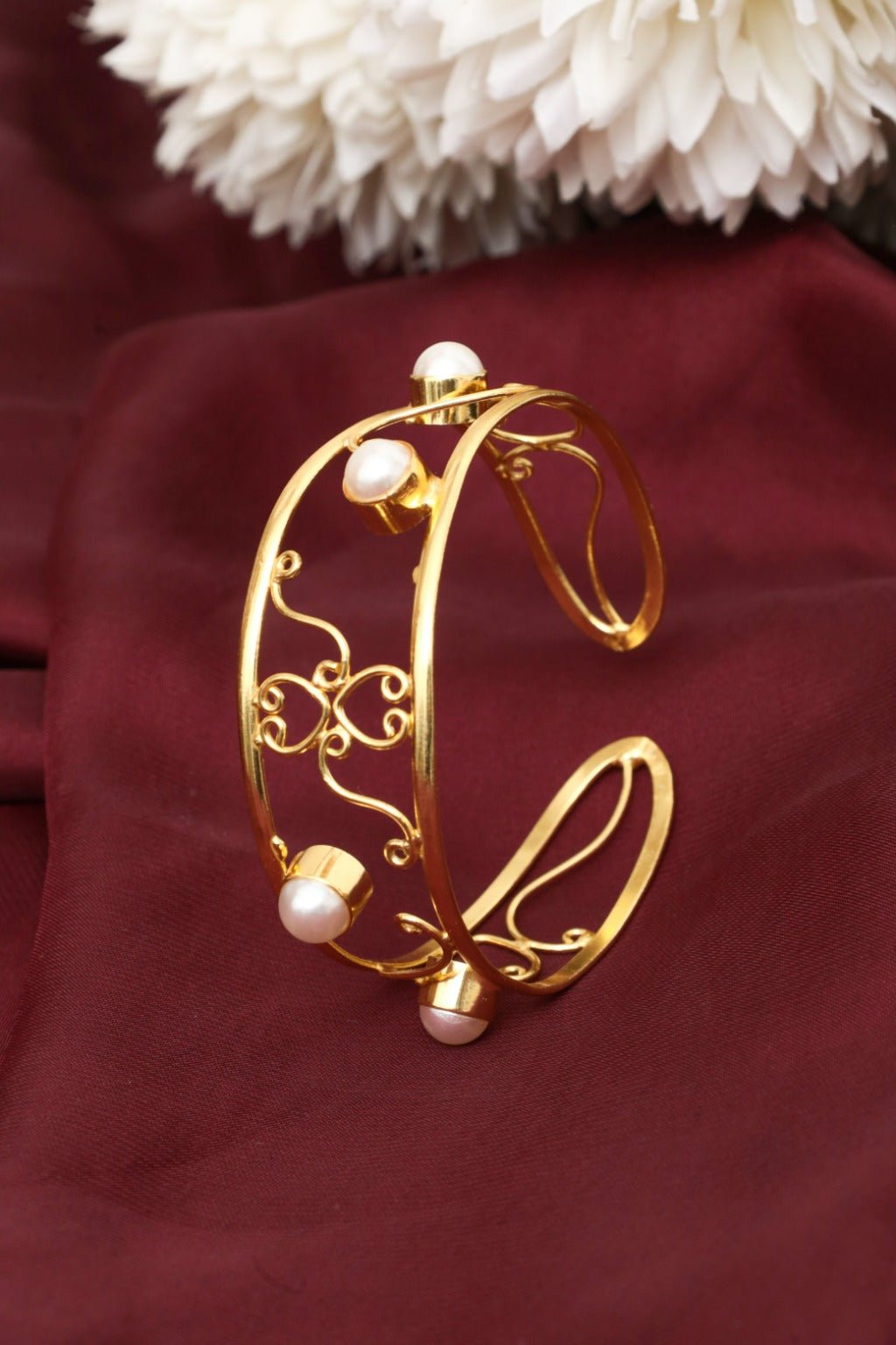 Gold - Plated Brass Pearl Filigree Cuff Bangle – Elegant Statement Jewelry - Zehnaz.ae