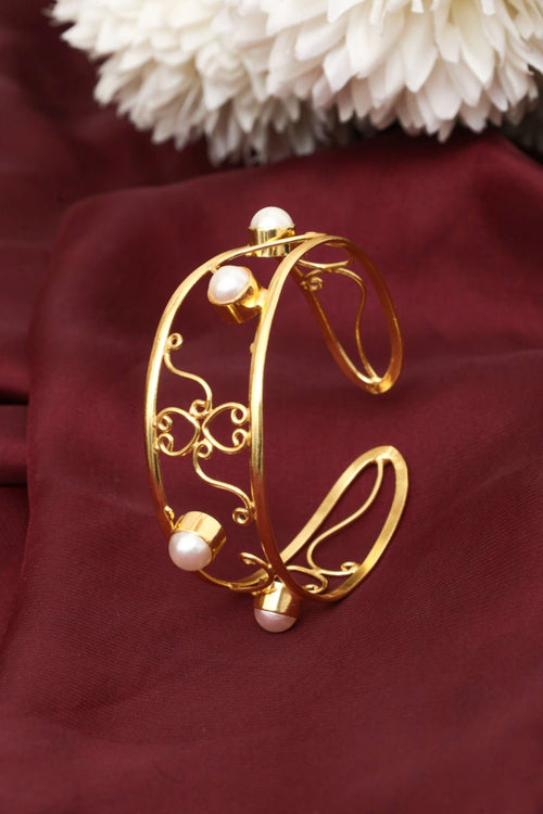 Gold-Plated Brass Pearl Filigree Cuff Bangle – Elegant Statement Jewelry