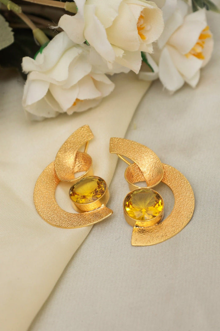 Gold Plated Citrine Abstract Drop Statement Earrings - Zehnaz.ae