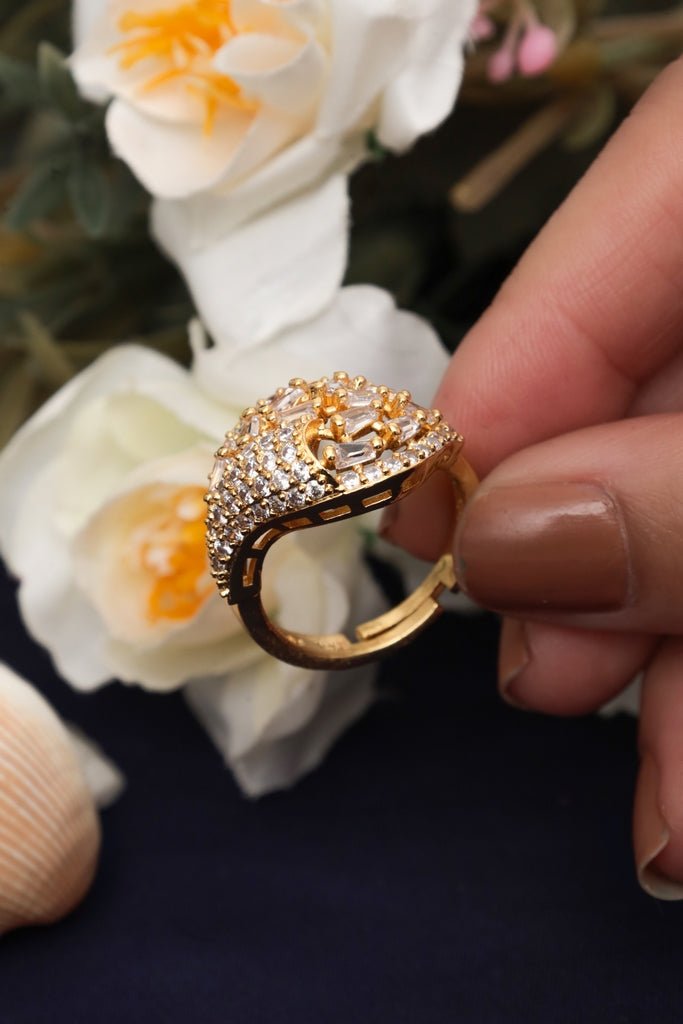 Gold Plated Cluster Ring with Baguette and Round Zircon Stones - Zehnaz.ae