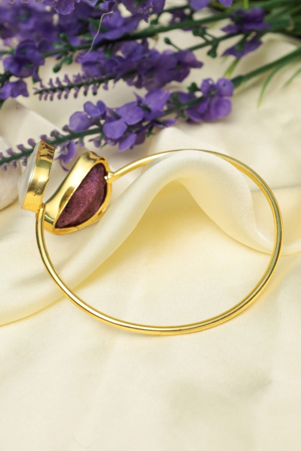 Gold - Plated Cuff Bracelet with Purple Stone & Baroque Pearl – Boho - Chic Jewelry - Zehnaz.ae