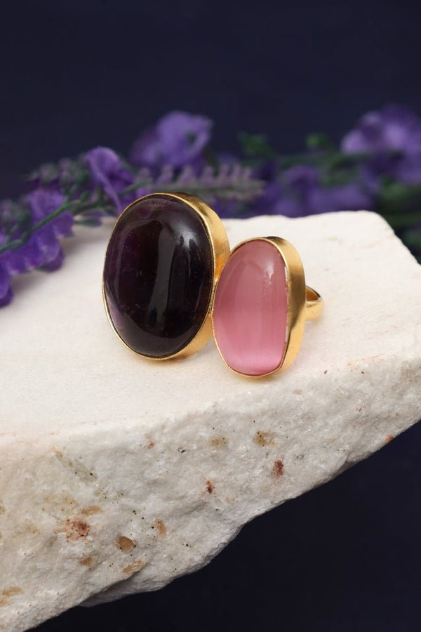Gold Plated Double - Stone Ring with Amethyst and Rose Quartz - Zehnaz.ae