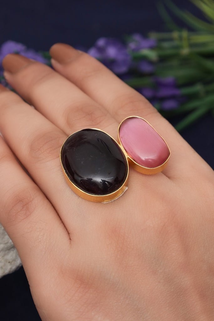 Gold Plated Double - Stone Ring with Amethyst and Rose Quartz - Zehnaz.ae