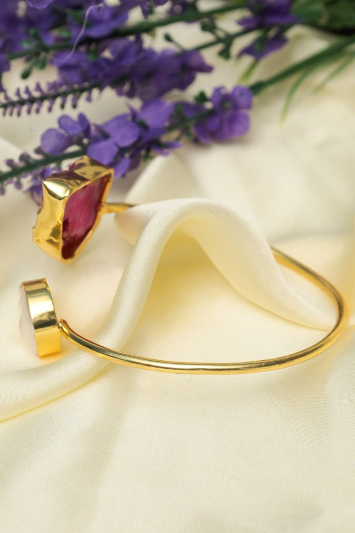 Gold - Plated Druzy Agate Cuff Bracelet with Pink & White Stones - Zehnaz.ae