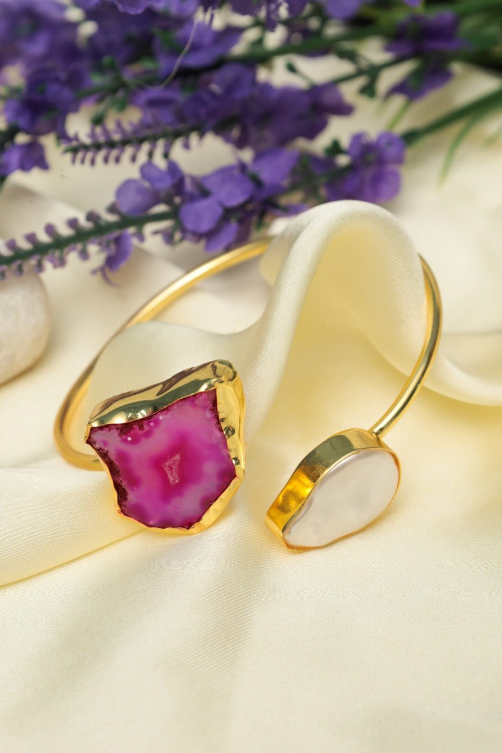Gold - Plated Druzy Agate Cuff Bracelet with Pink & White Stones - Zehnaz.ae