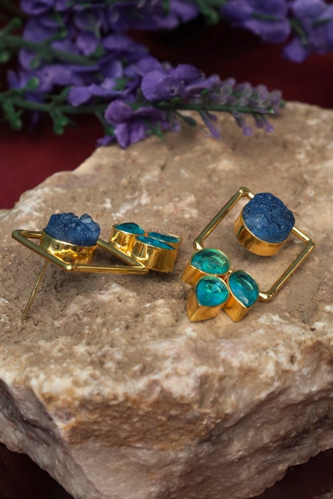 Gold Plated Druzy Leaf Statement Stud Earrings - Zehnaz.ae