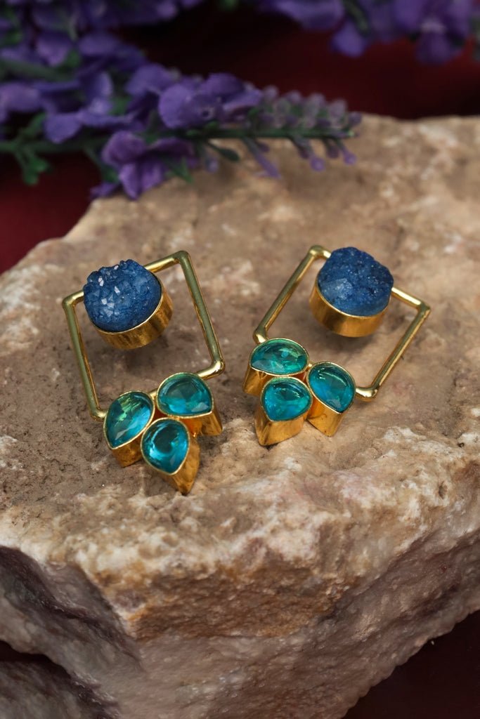Gold Plated Druzy Leaf Statement Stud Earrings - Zehnaz.ae