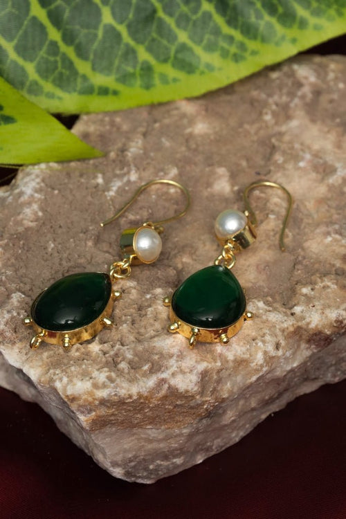 Gold Plated Emerald Pearl Drop Earrings