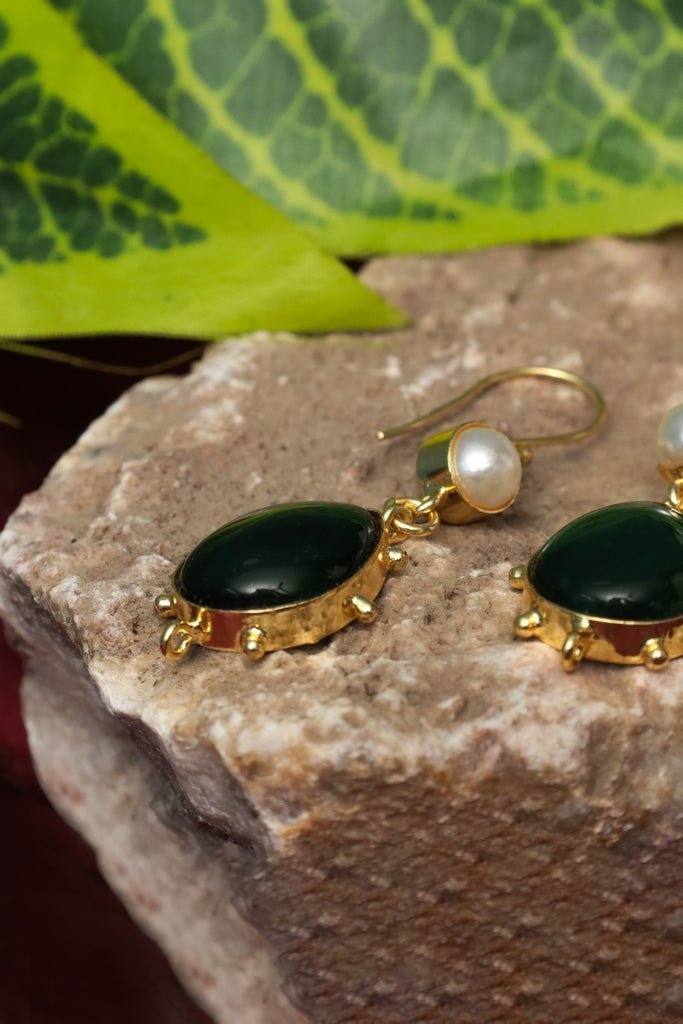 Gold Plated Emerald Pearl Drop Earrings - Zehnaz.ae