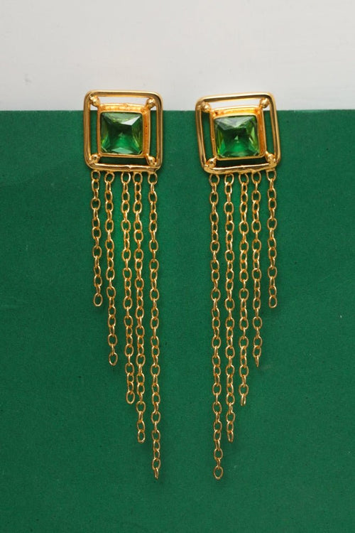 Gold Plated Emerald Tassel Drop Statement Earrings