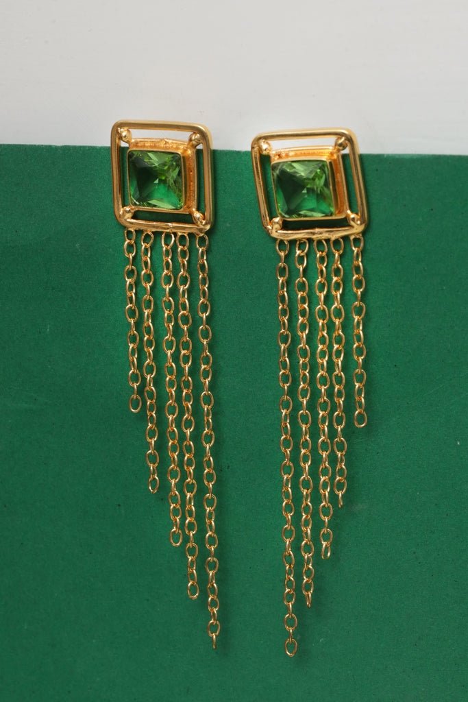 Gold Plated Emerald Tassel Drop Statement Earrings - Zehnaz.ae