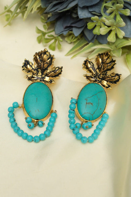 Gold Plated Feroza Leaf Statement Stud Earrings