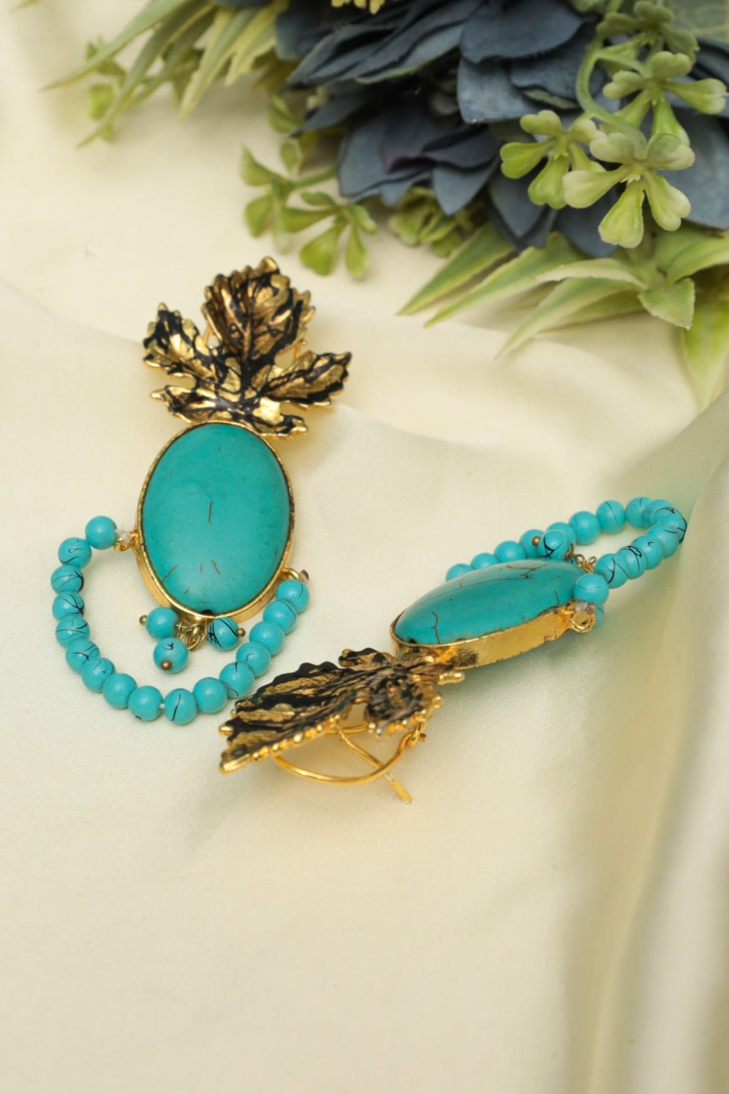Gold Plated Feroza Leaf Statement Stud Earrings - Zehnaz.ae