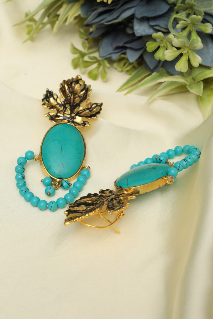Gold Plated Feroza Leaf Statement Stud Earrings - Zehnaz.ae