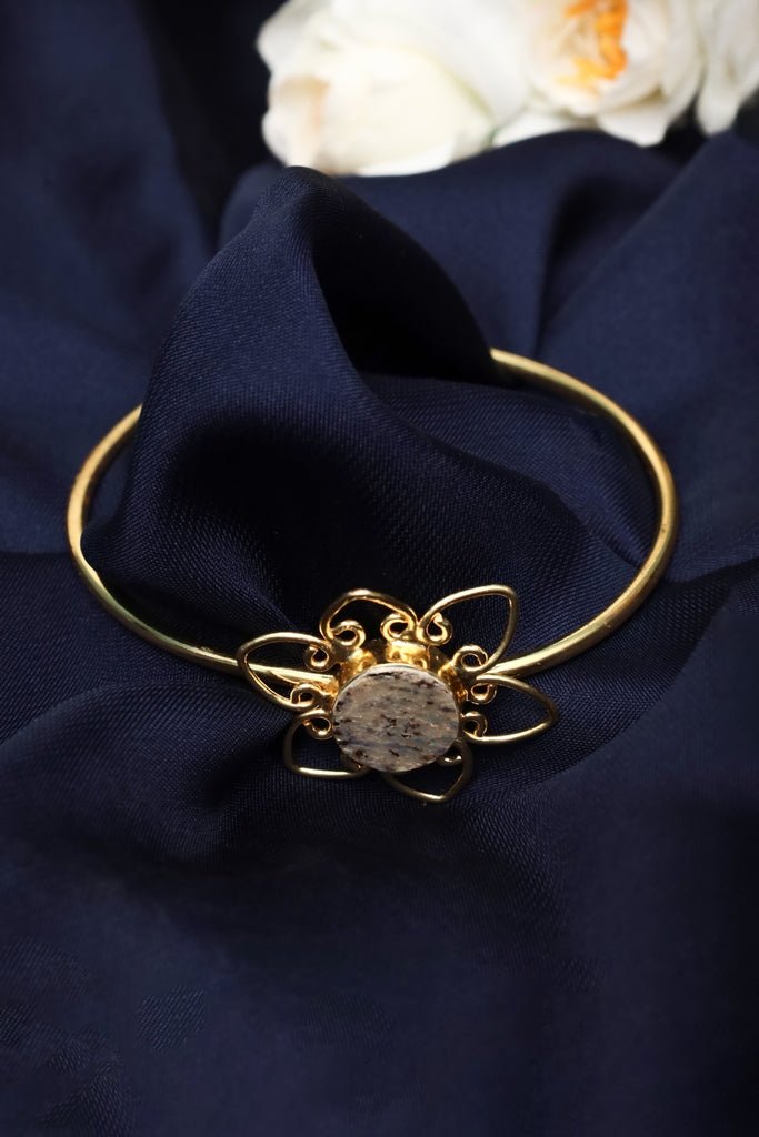 Gold Plated Floral Cuff Bracelet with Black & White Marbled Stone - Zehnaz.ae
