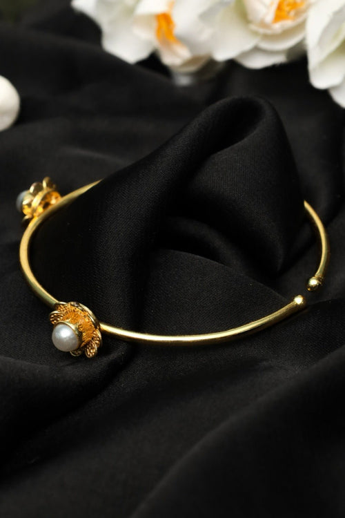 Gold-Plated Floral Open Cuff Bracelet with Faux Pearls