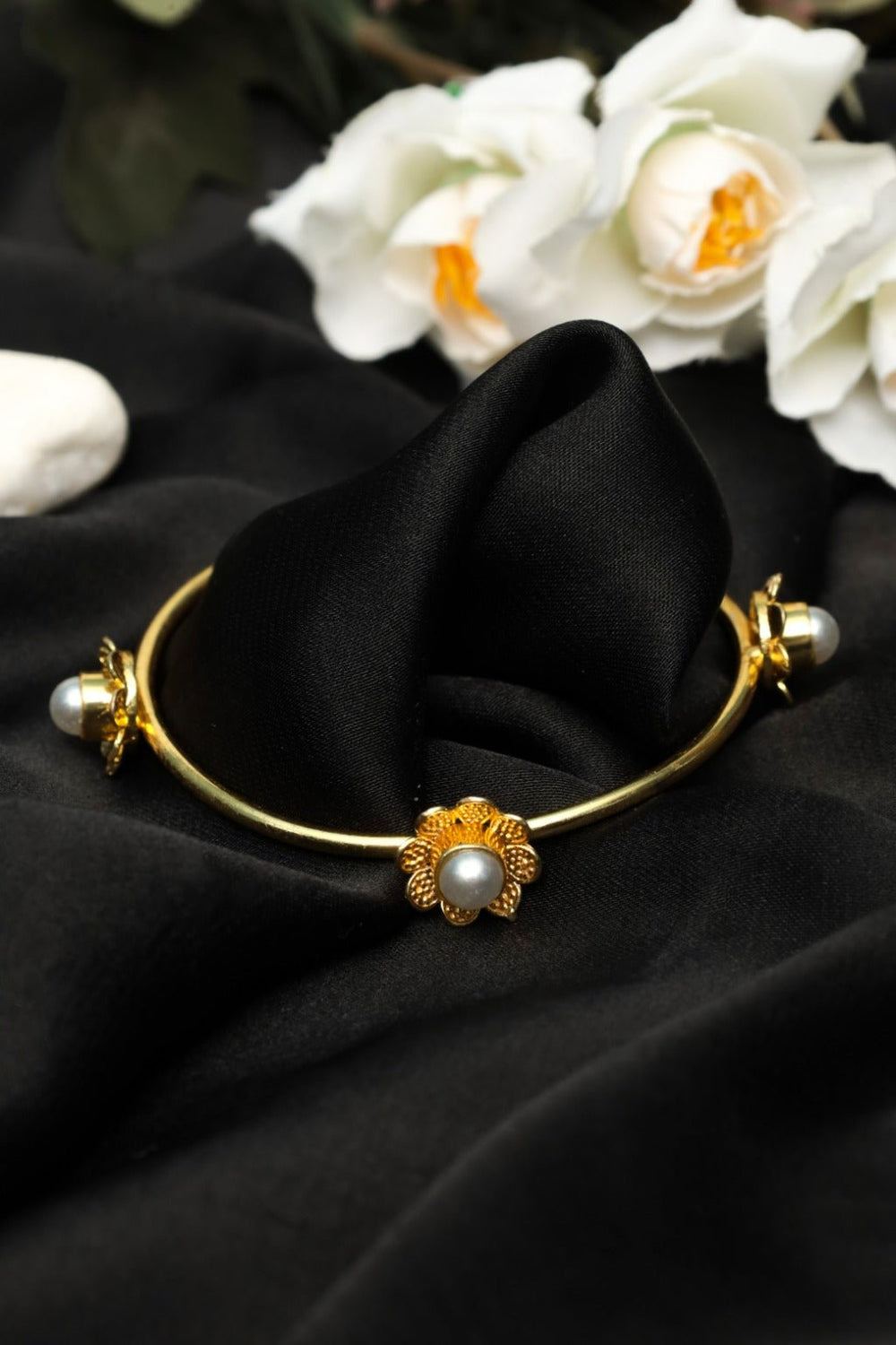 Gold - Plated Floral Open Cuff Bracelet with Faux Pearls - Zehnaz.ae