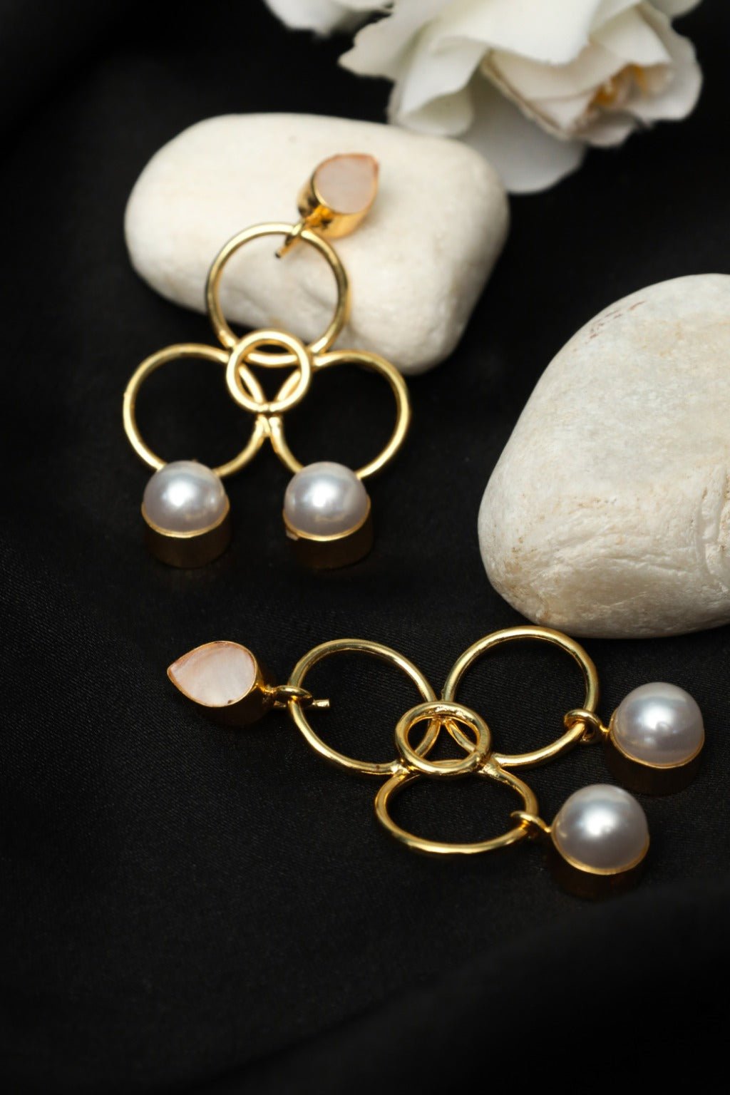 Gold Plated Floral Pearl Drop Statement Earrings - Zehnaz.ae