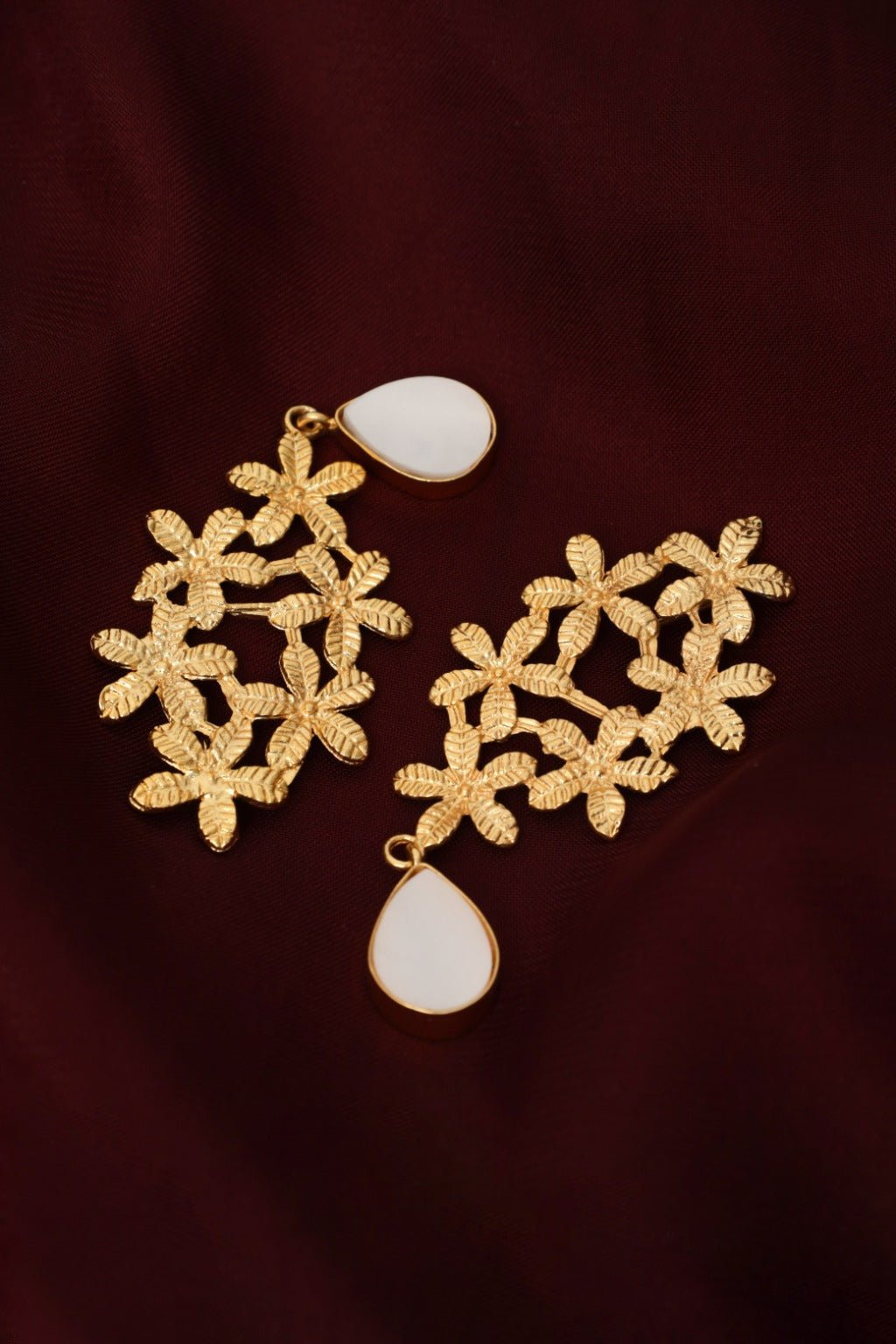 Gold Plated Floral Teardrop Statement Earrings - Zehnaz.ae