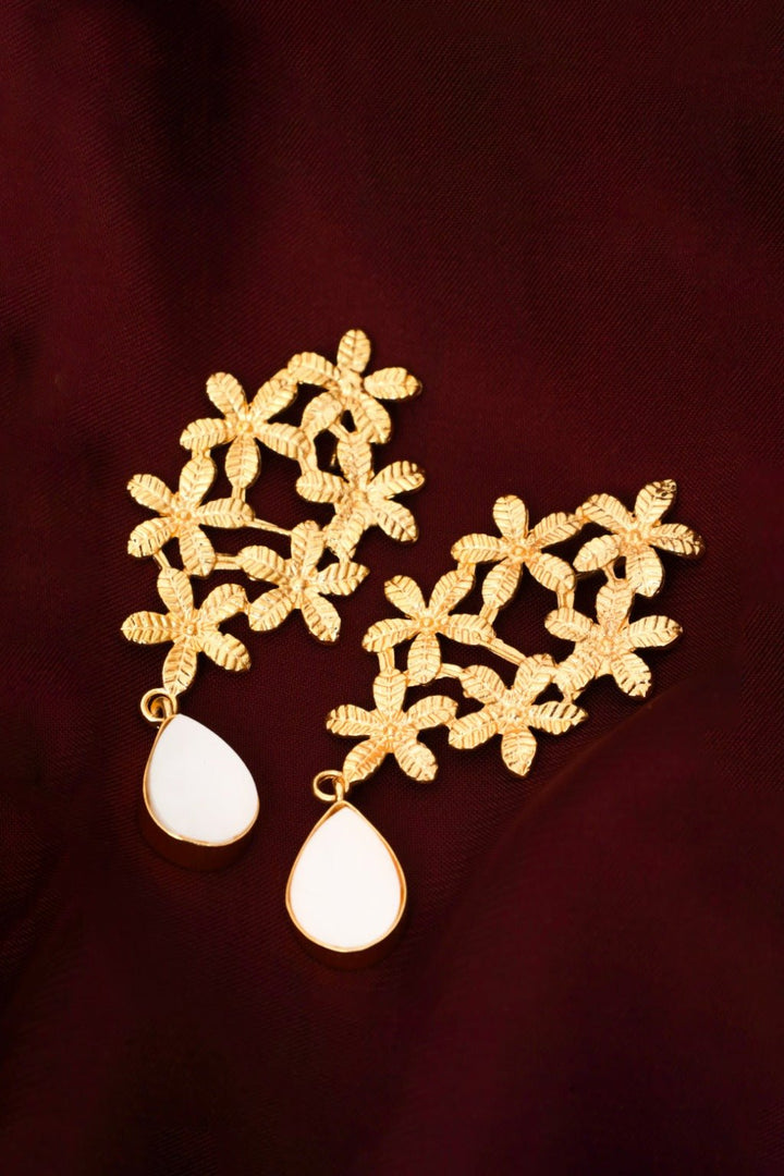 Gold Plated Floral Teardrop Statement Earrings - Zehnaz.ae