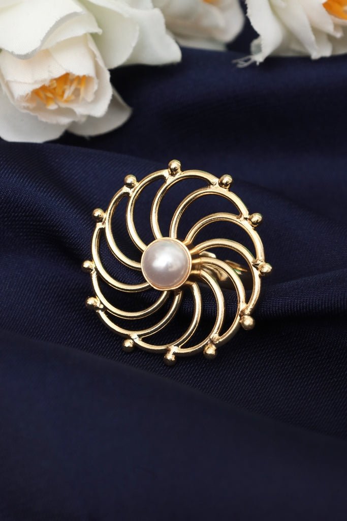 Gold Plated Flower Ring with White Pearl Center - Zehnaz.ae