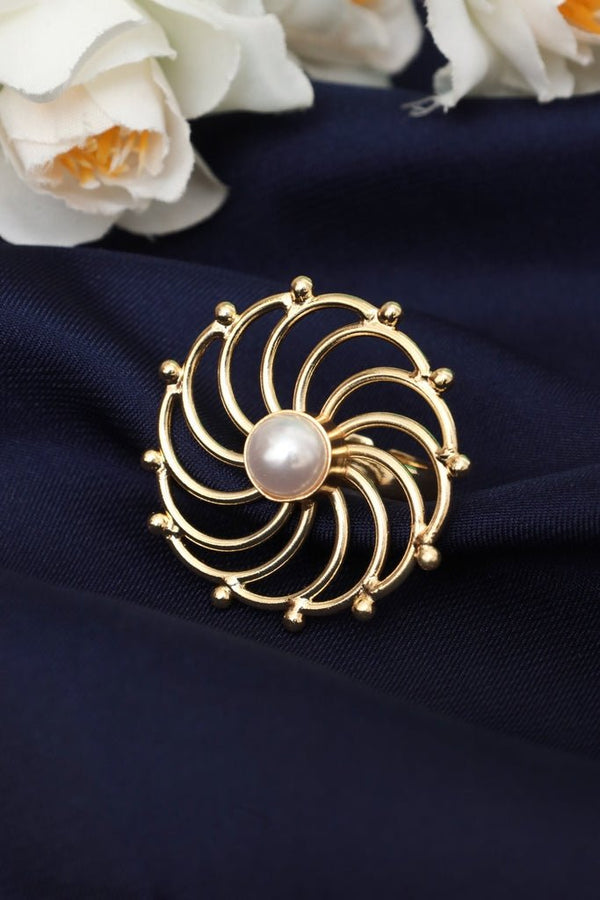 Gold Plated Flower Ring with White Pearl Center - Zehnaz.ae