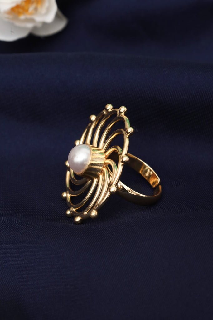 Gold Plated Flower Ring with White Pearl Center - Zehnaz.ae
