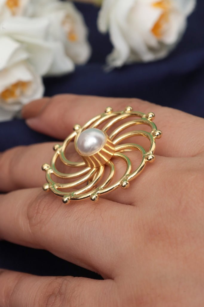 Gold Plated Flower Ring with White Pearl Center - Zehnaz.ae