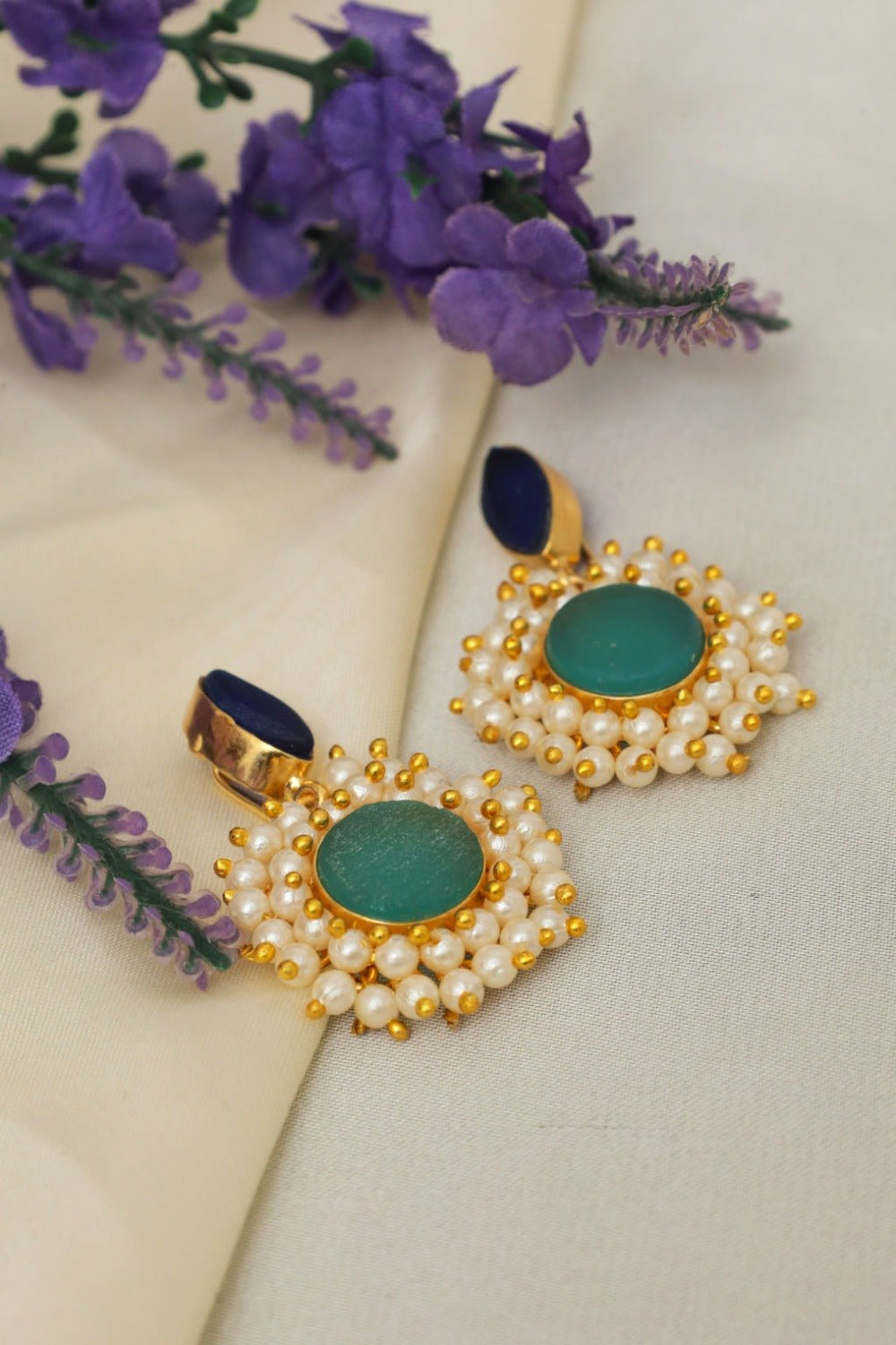 Gold Plated Gajra Pearl Quartz Stud Earrings - Zehnaz.ae